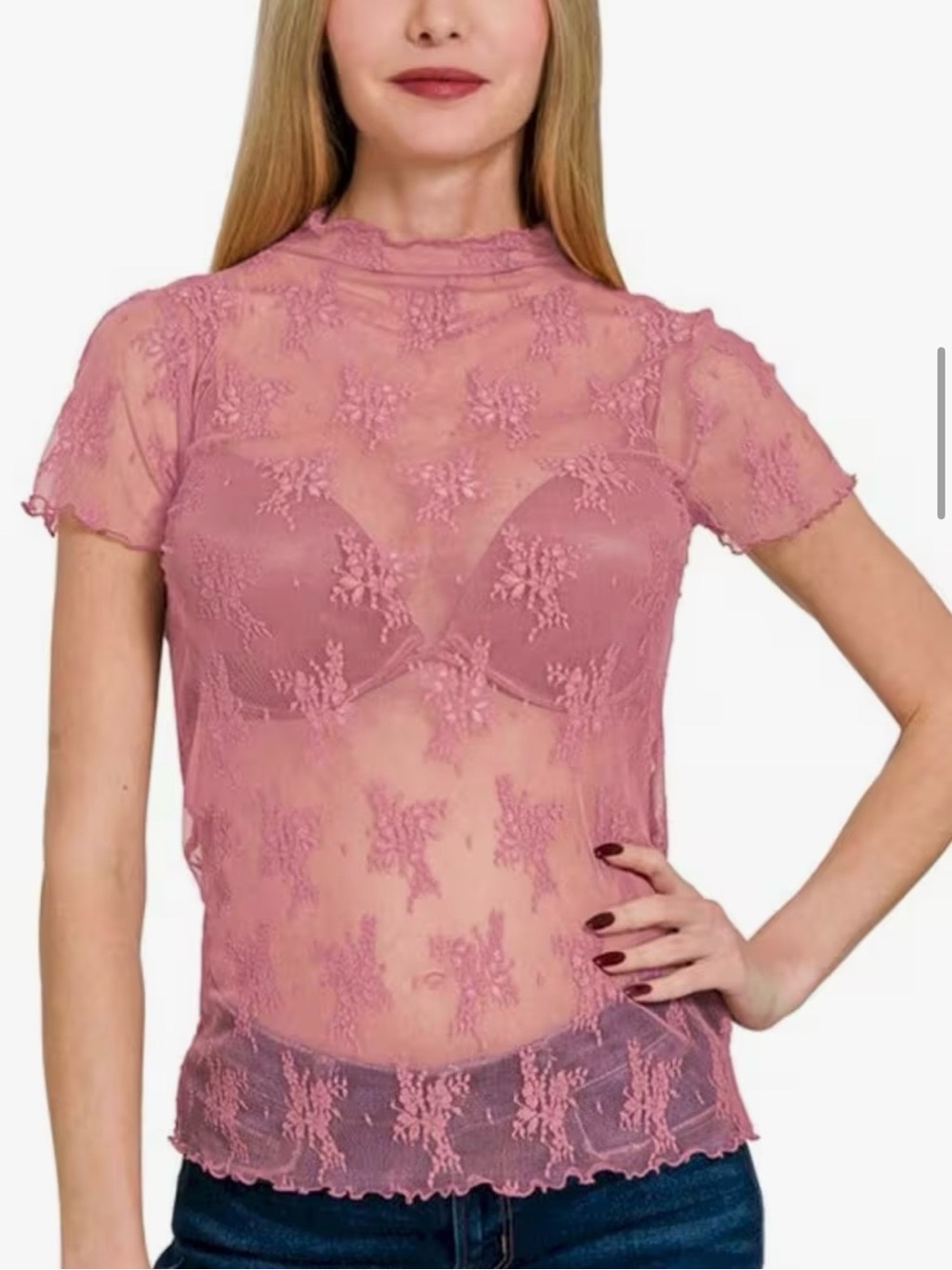ZENANA Sheer Floral Lace Mock Neck Top in Light Rose
